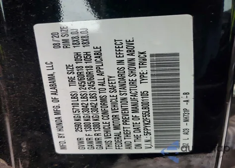 2020 Honda Ridgeline Rtl z USA, uszkodzony, nr VIN 5FPYK2F55LB001105